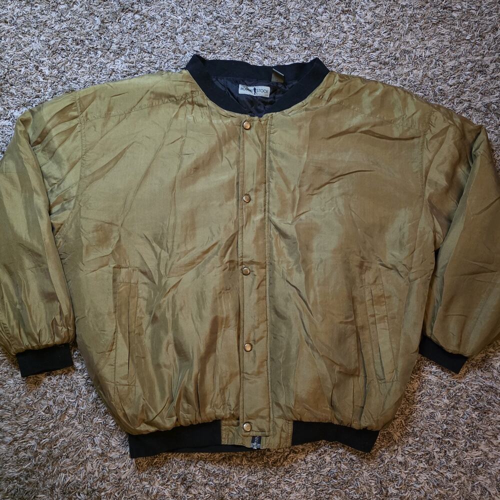 Robert Stock Bomber Jacket Mens Large Gold Silk Suede Satin Full Zip Lightweight